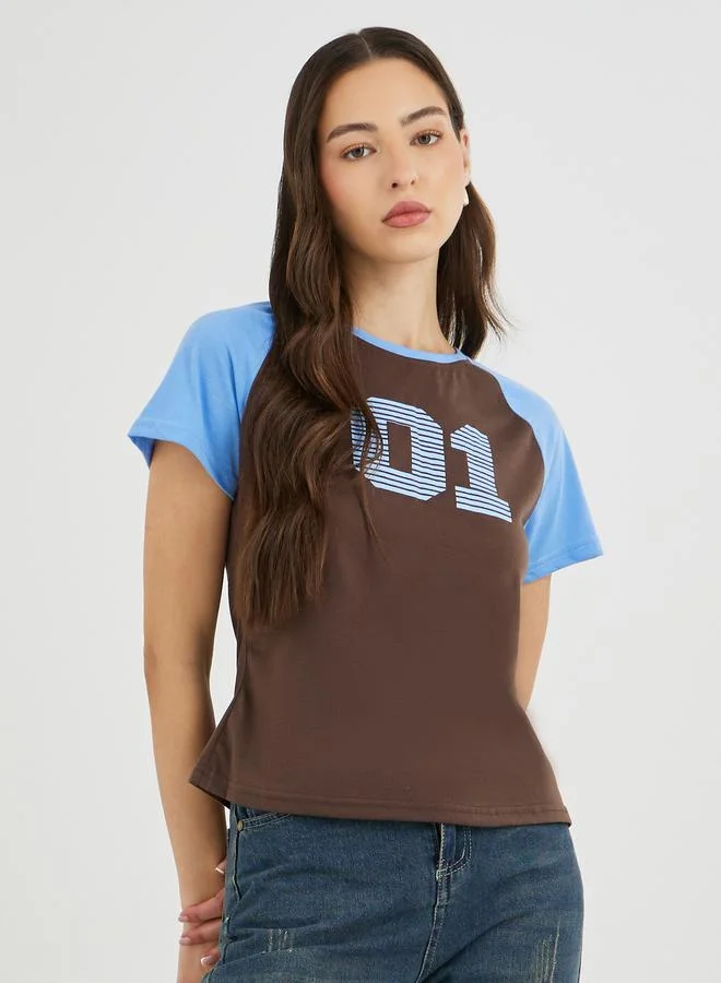 تايك تو Take Two Graphic Print Regular Fit T-Shirt with Raglan Sleeves