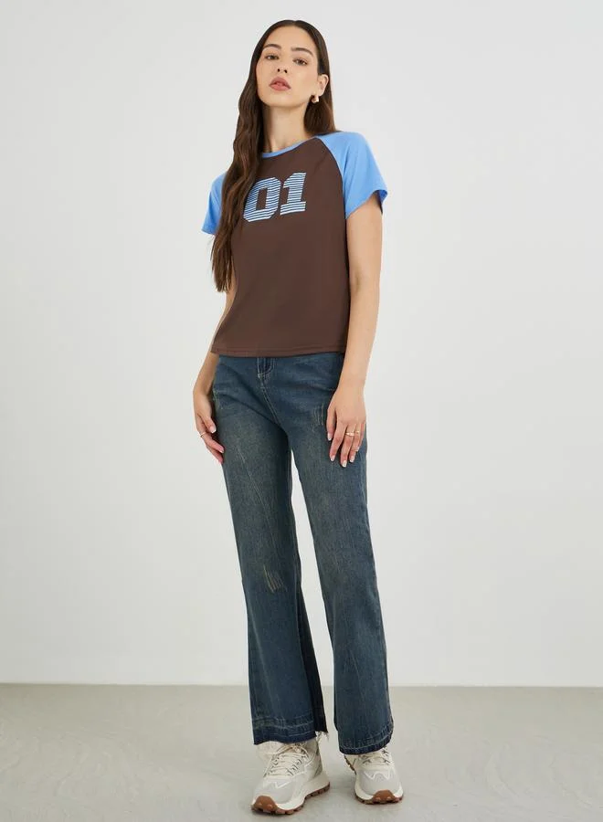 تايك تو Take Two Graphic Print Regular Fit T-Shirt with Raglan Sleeves