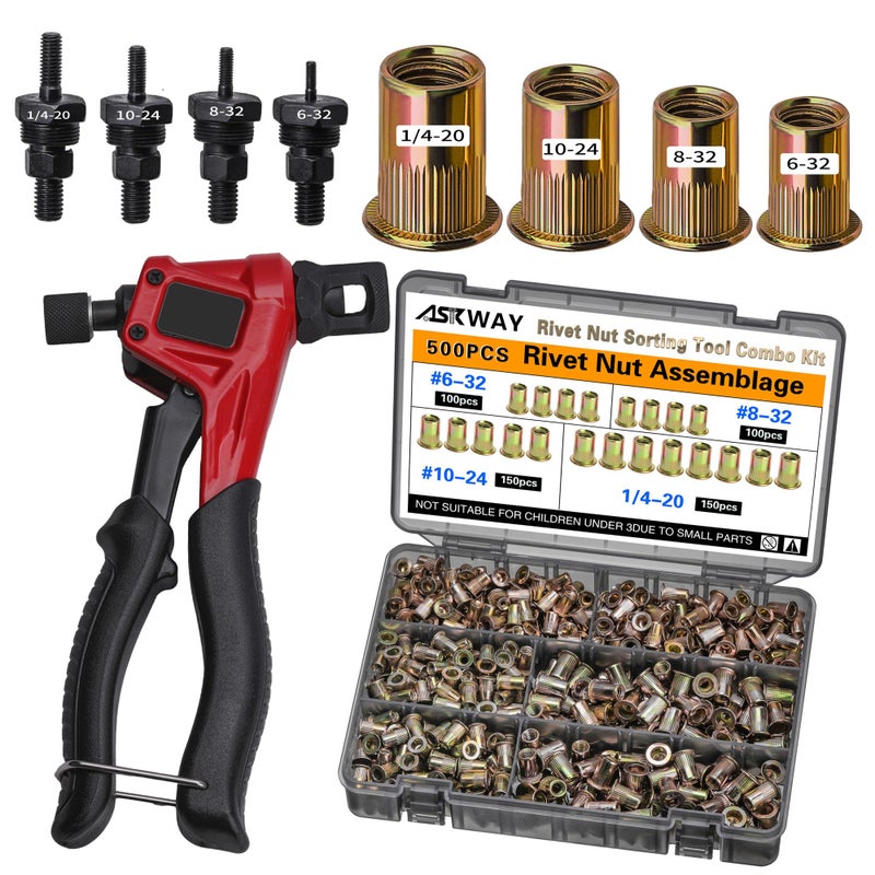 AskWay Imperial Pressure Rivet Nut Tool Kit, 500PCS (1/4-20,10-24,8-32,6-32) inch Rivet Nut, Suitable for Furniture, Decoration, Automotive, Marine and Industrial Applications - Image 1