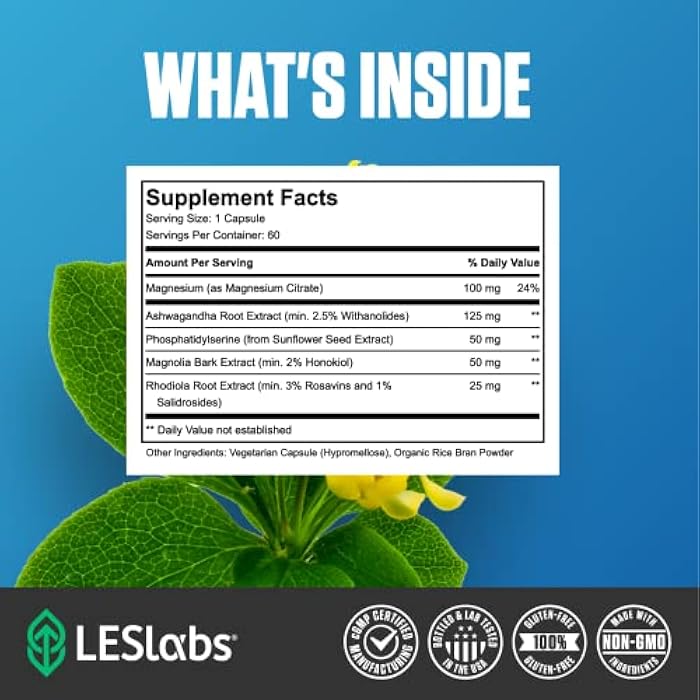 LES Labs Cortisol Health – Stress Relief, Balanced Cortisol Response, Relaxation & Deep Sleep – Phosphatidylserine, Magnesium, Magnolia Bark, Rhodiola Rosea & Ashwagandha – Non-GMO – 60 Capsules - Image 4