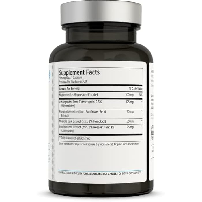 LES Labs Cortisol Health – Stress Relief, Balanced Cortisol Response, Relaxation & Deep Sleep – Phosphatidylserine, Magnesium, Magnolia Bark, Rhodiola Rosea & Ashwagandha – Non-GMO – 60 Capsules - Image 2