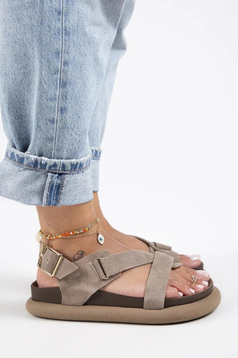 Manijero Manijero Azelya Women's Genuine Leather Buckle Strap Mink Sandals