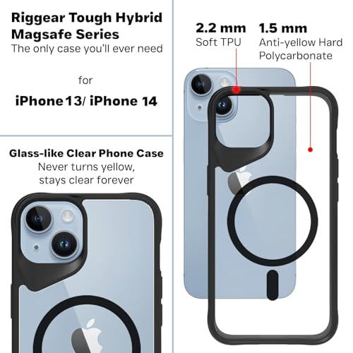 RIGGEAR Shockproof Tough Hybrid Armor Magnetic Back Cover Case Compatible with MagSafe Accessories for iPhone 13 / iPhone 14 (Clear PC + Black TPU Bumper) - Image 5