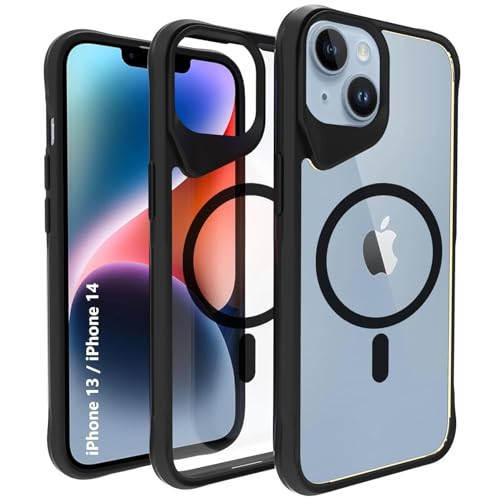 RIGGEAR Shockproof Tough Hybrid Armor Magnetic Back Cover Case Compatible with MagSafe Accessories for iPhone 13 / iPhone 14 (Clear PC + Black TPU Bumper) - Image 1