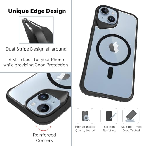 RIGGEAR Shockproof Tough Hybrid Armor Magnetic Back Cover Case Compatible with MagSafe Accessories for iPhone 13 / iPhone 14 (Clear PC + Black TPU Bumper) - Image 3