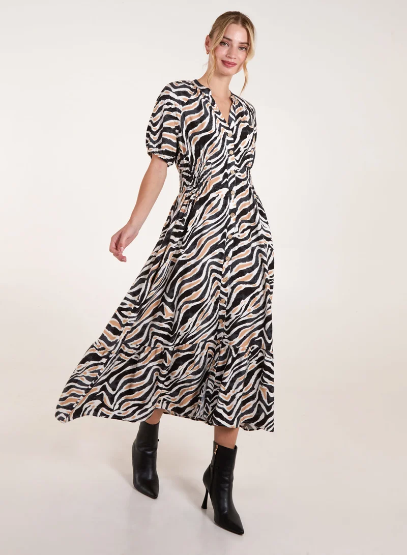 Blue Vanilla Shirred Waist Button Front Puff Sleeve Midi Dress