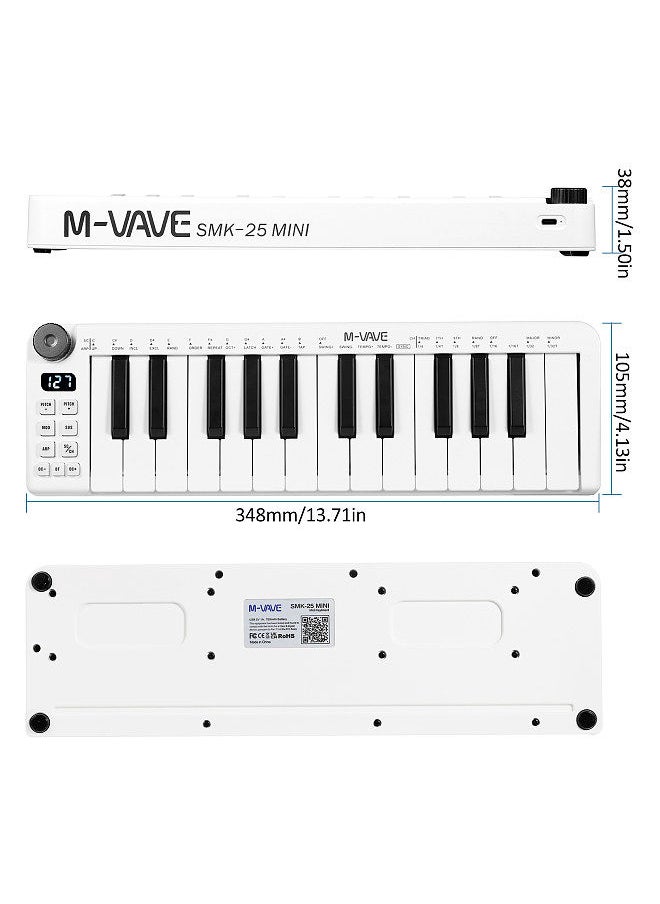 SMK-25mini MIDI Keyboard Rechargeable 25-Key MIDI Control Keyboard Mini Portable USB Keyboard MIDI Controller with 25 Velocity Sensitive Keys 1 Knob