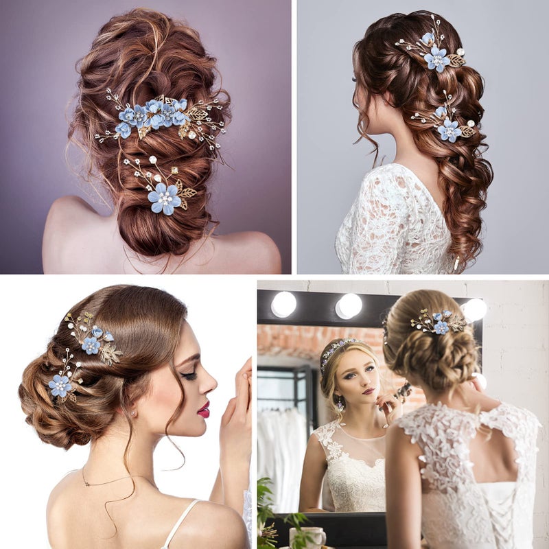 BOWINR 5 Pack Wedding Hair Piece Bridal Hair Comb, Blue Flower Rhinestone Hair Accessories Handmade Pearl Crystal Floral Leaf Hair Clip for Women Girls Bride Bridesmaids Prom Wedding Party - Image 3