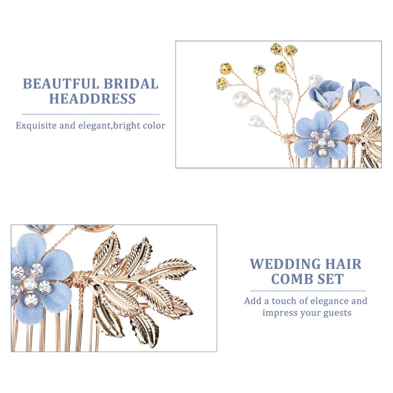 BOWINR 5 Pack Wedding Hair Piece Bridal Hair Comb, Blue Flower Rhinestone Hair Accessories Handmade Pearl Crystal Floral Leaf Hair Clip for Women Girls Bride Bridesmaids Prom Wedding Party - Image 5