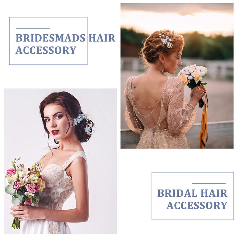 BOWINR 5 Pack Wedding Hair Piece Bridal Hair Comb, Blue Flower Rhinestone Hair Accessories Handmade Pearl Crystal Floral Leaf Hair Clip for Women Girls Bride Bridesmaids Prom Wedding Party - Image 2