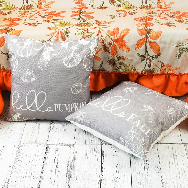 ONWAY Fall Throw Pillow Covers 18x18 Set of 2 Farmhouse Hello Fall Pumpkin Maple Leaves Decorations Outdoor Patio Autumn Seasonal Cushion Cover for Sofa Couch Home Bed Grey - Image 3