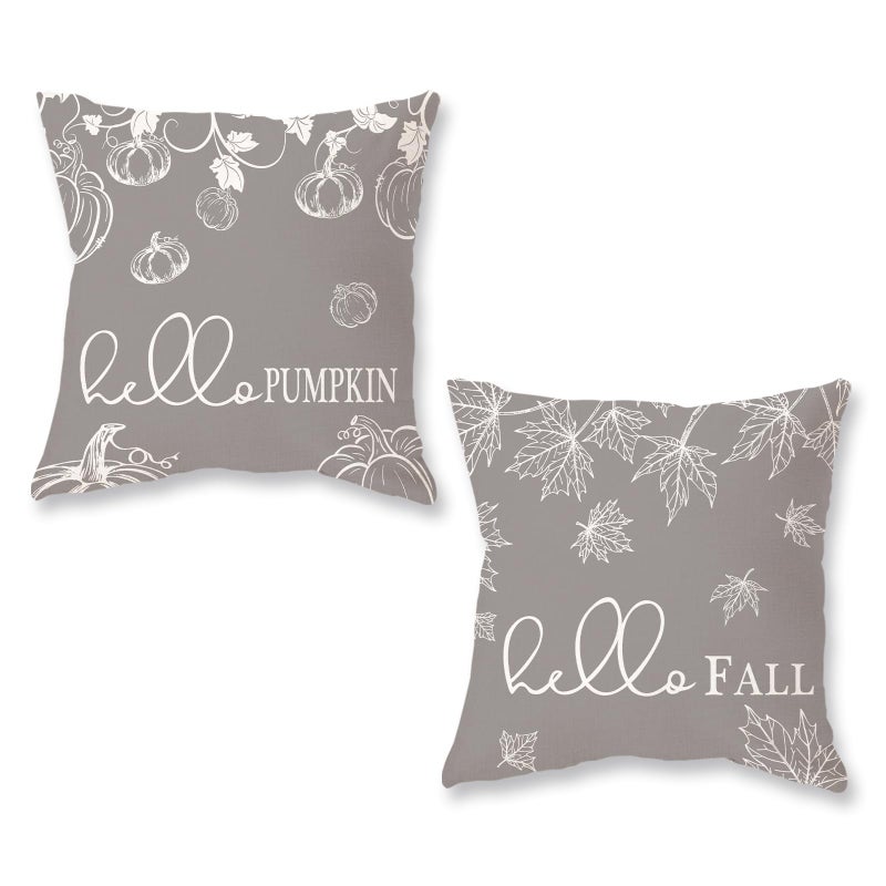 ONWAY Fall Throw Pillow Covers 18x18 Set of 2 Farmhouse Hello Fall Pumpkin Maple Leaves Decorations Outdoor Patio Autumn Seasonal Cushion Cover for Sofa Couch Home Bed Grey - Image 1