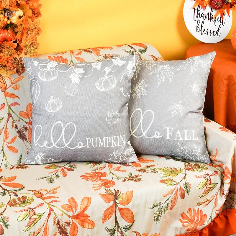 ONWAY Fall Throw Pillow Covers 18x18 Set of 2 Farmhouse Hello Fall Pumpkin Maple Leaves Decorations Outdoor Patio Autumn Seasonal Cushion Cover for Sofa Couch Home Bed Grey - Image 5