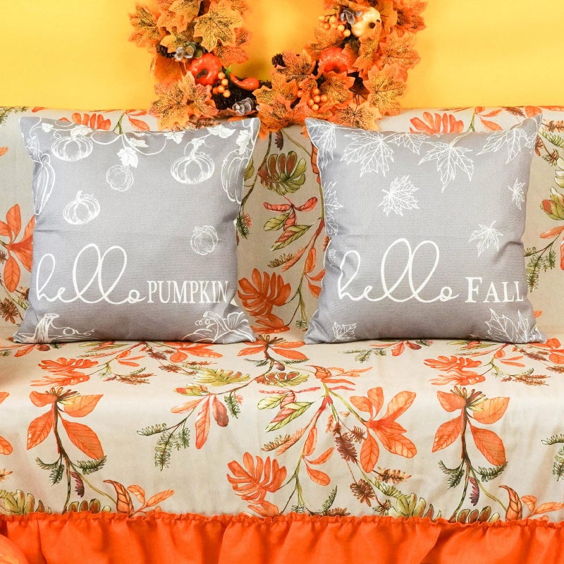 ONWAY Fall Throw Pillow Covers 18x18 Set of 2 Farmhouse Hello Fall Pumpkin Maple Leaves Decorations Outdoor Patio Autumn Seasonal Cushion Cover for Sofa Couch Home Bed Grey - Image 2