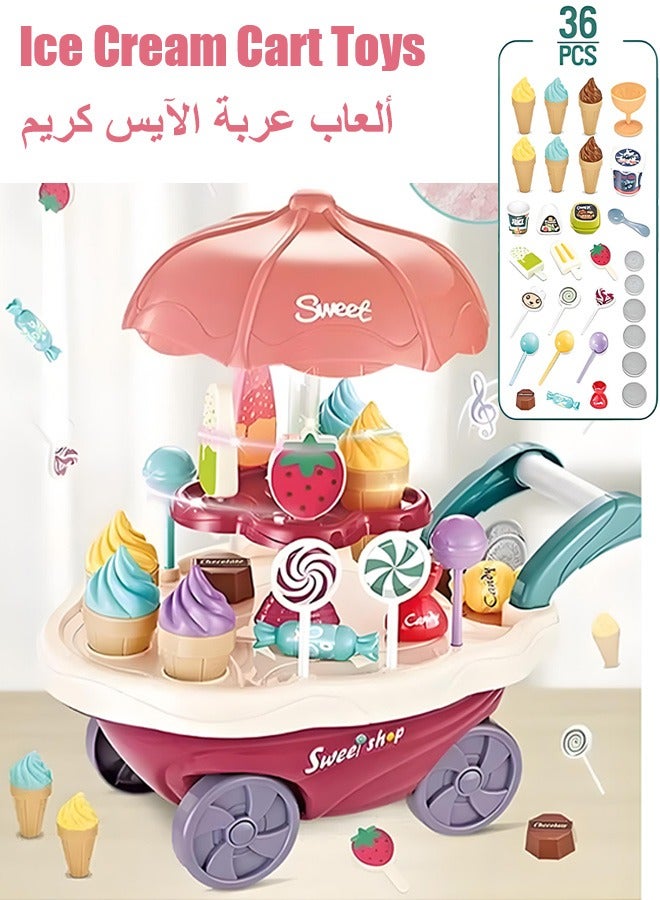Gerenic 36PCS Ice Cream Cart Toys, Ice Cream Shop Playset  with Light And Music, Ice Cream Stand Candy Cart, Pretend Play Grocery Store Set Toy, Ice Cream Candy Trolley, Simulation Ice Cream Cart, Children's Kitchen Playhouse Toys  with Candy Ice Cream Lollipop Chocolate, Rrotatable Large Storage, Educational Toy Gift for Kids 3+ Years Old  - Image 1