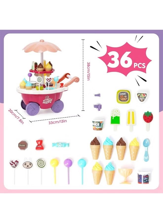 Gerenic 36PCS Ice Cream Cart Toys, Ice Cream Shop Playset  with Light And Music, Ice Cream Stand Candy Cart, Pretend Play Grocery Store Set Toy, Ice Cream Candy Trolley, Simulation Ice Cream Cart, Children's Kitchen Playhouse Toys  with Candy Ice Cream Lollipop Chocolate, Rrotatable Large Storage, Educational Toy Gift for Kids 3+ Years Old  - Image 2
