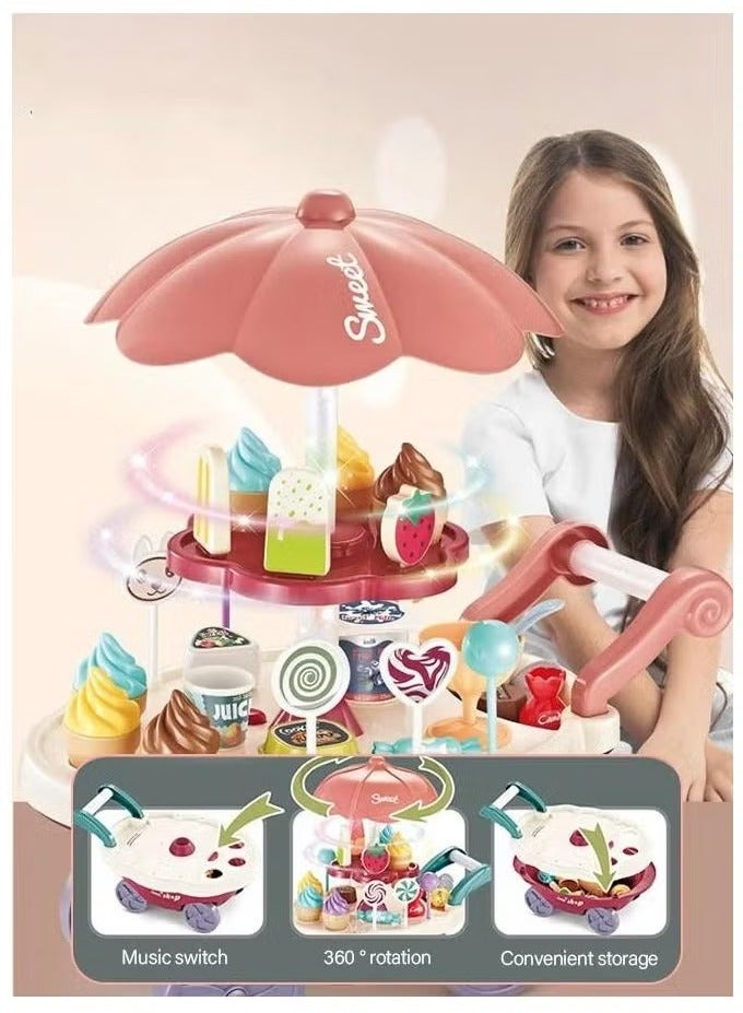 Gerenic 36PCS Ice Cream Cart Toys, Ice Cream Shop Playset  with Light And Music, Ice Cream Stand Candy Cart, Pretend Play Grocery Store Set Toy, Ice Cream Candy Trolley, Simulation Ice Cream Cart, Children's Kitchen Playhouse Toys  with Candy Ice Cream Lollipop Chocolate, Rrotatable Large Storage, Educational Toy Gift for Kids 3+ Years Old  - Image 4