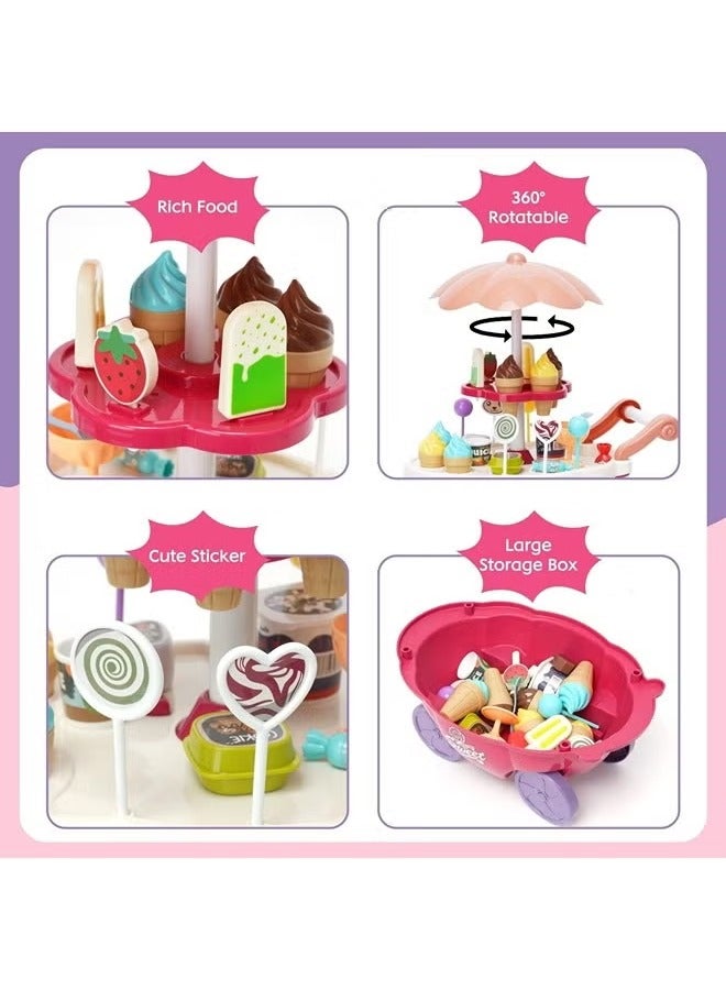 Gerenic 36PCS Ice Cream Cart Toys, Ice Cream Shop Playset  with Light And Music, Ice Cream Stand Candy Cart, Pretend Play Grocery Store Set Toy, Ice Cream Candy Trolley, Simulation Ice Cream Cart, Children's Kitchen Playhouse Toys  with Candy Ice Cream Lollipop Chocolate, Rrotatable Large Storage, Educational Toy Gift for Kids 3+ Years Old  - Image 5