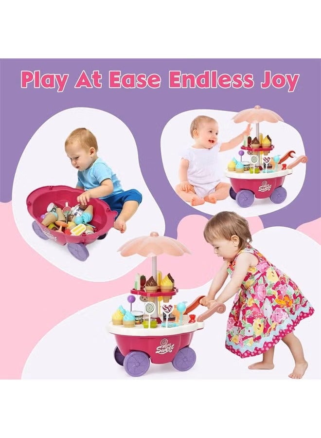 Gerenic 36PCS Ice Cream Cart Toys, Ice Cream Shop Playset  with Light And Music, Ice Cream Stand Candy Cart, Pretend Play Grocery Store Set Toy, Ice Cream Candy Trolley, Simulation Ice Cream Cart, Children's Kitchen Playhouse Toys  with Candy Ice Cream Lollipop Chocolate, Rrotatable Large Storage, Educational Toy Gift for Kids 3+ Years Old  - Image 3