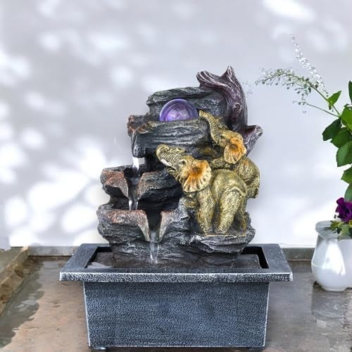 HOME ELEMENTS Polyresin Tabletop Indoor Waterfall Fountain for Home Decor LED Light & Crystal Ball Showpiece Fountain for Living Room Office Housewarming Gift Zen Water Fountain-21x16.1x26cm (FT_08) - Image 2