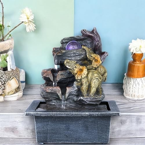 HOME ELEMENTS Polyresin Tabletop Indoor Waterfall Fountain for Home Decor LED Light & Crystal Ball Showpiece Fountain for Living Room Office Housewarming Gift Zen Water Fountain-21x16.1x26cm (FT_08) - Image 1