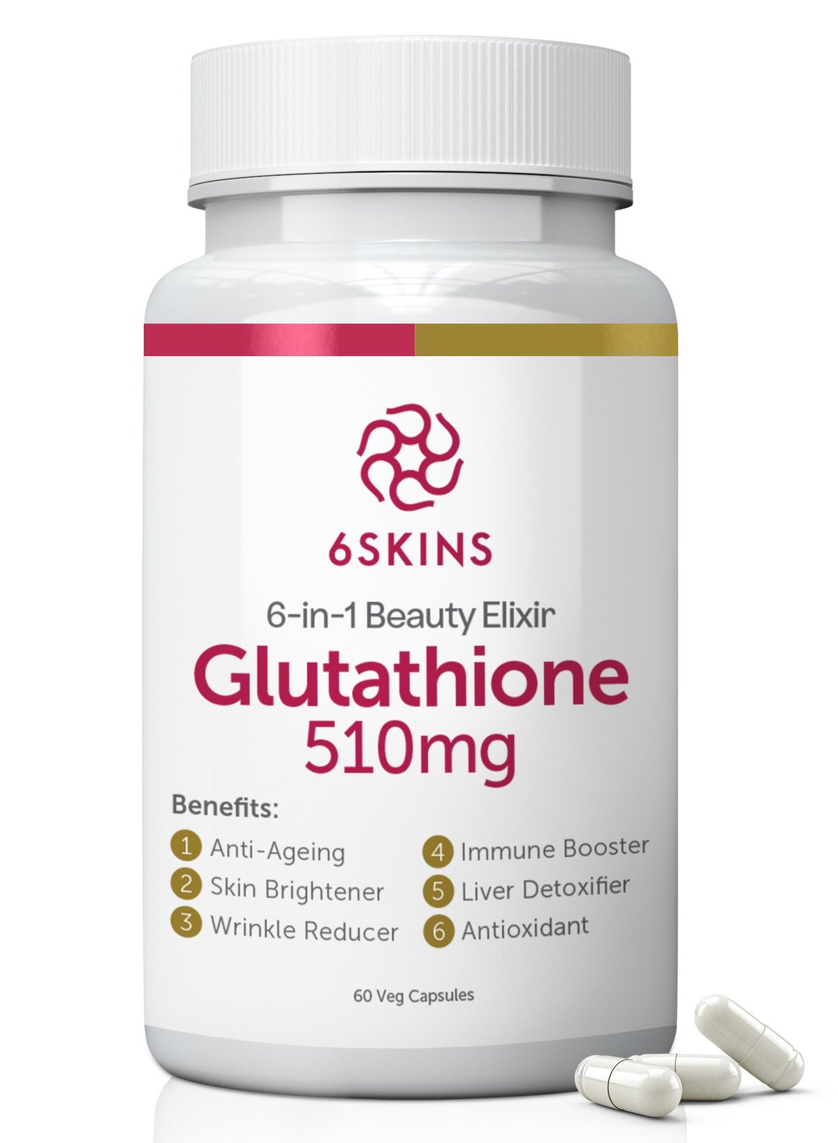 glutathione supplement for beauty 6SKINS 6in1 Beauty Elixir with L-Glutathione 510mg, NAC 102mg & Hyaluronic  Acid 150mg Glutathione Supplement with 4x Absorption - Immune & Liver  Support, Powerful Antioxidant for Skin - 60 Capsules