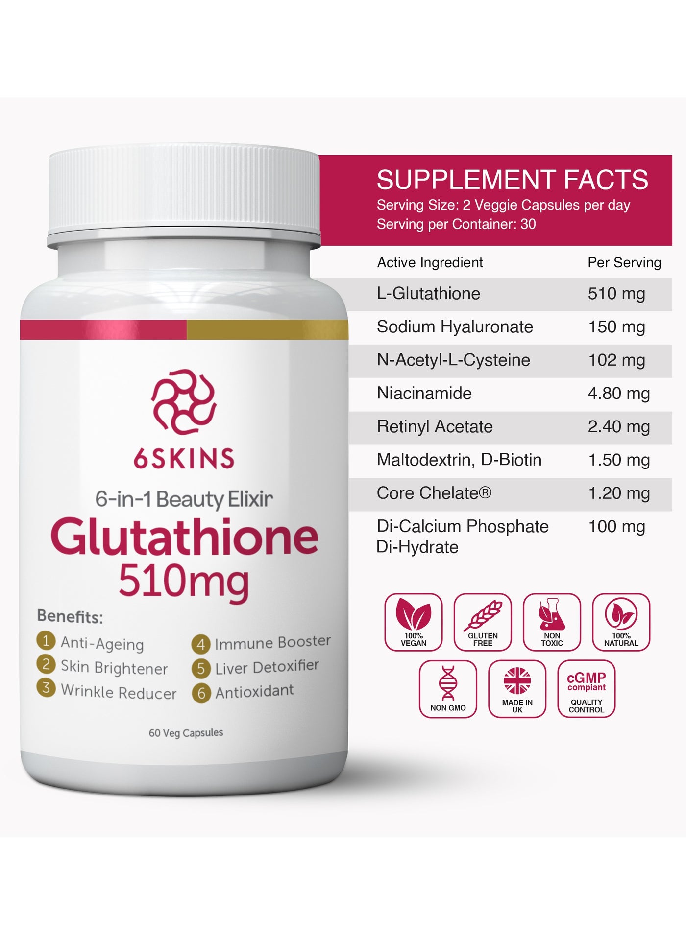 6SKINS 6in1 Beauty Elixir with L-Glutathione 510mg, NAC 102mg & Hyaluronic Acid 150mg Glutathione Supplement with 4x Absorption - Immune & Liver Support, Powerful Antioxidant for Skin - 60 Capsules