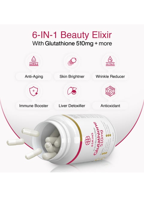 6SKINS 6in1 Beauty Elixir with L-Glutathione 510mg, NAC 102mg & Hyaluronic  Acid 150mg Glutathione Supplement with 4x Absorption - Immune & Liver  Support, Powerful Antioxidant for Skin - 60 Capsules | Best