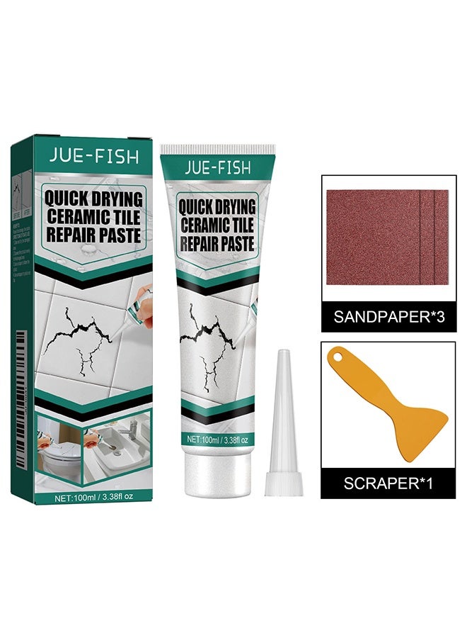 JUE-FISH Quick Drying  Ceramic Tile Repair Paste ,Quick Drying Waterproof Toilet Tub Repair Kit with 3 Sandpaper & 1Scraper, Bathtub Marble Furniture Toilet Crack Repair Tile Quick-Drying Adhesive to Renew, Repair & Refresh - Image 1