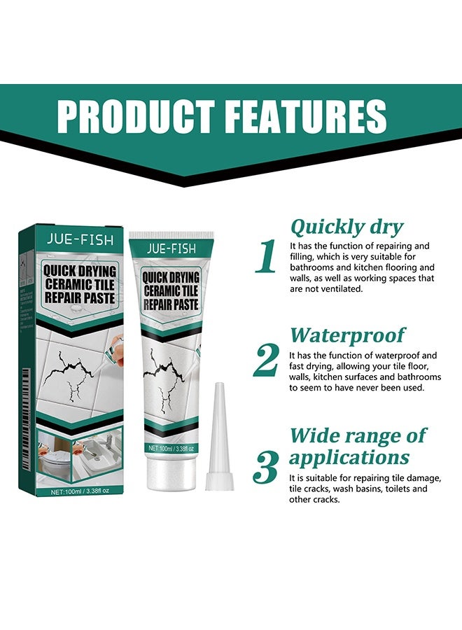 JUE-FISH Quick Drying  Ceramic Tile Repair Paste ,Quick Drying Waterproof Toilet Tub Repair Kit with 3 Sandpaper & 1Scraper, Bathtub Marble Furniture Toilet Crack Repair Tile Quick-Drying Adhesive to Renew, Repair & Refresh - Image 5