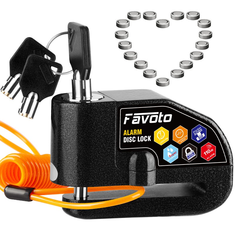 Favoto Alarm Disc Lock, 3 Keys and 18 Batteries (5-Year Availability), 110 dB Waterproof Anti-Theft Security Brake Padlock, 7mm Lock Pin with Reminder Cable, Fit for Motorcycle E-Bike Bicycle Scooter - Image 1