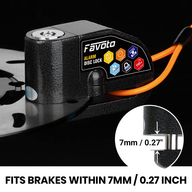 Favoto Alarm Disc Lock, 3 Keys and 18 Batteries (5-Year Availability), 110 dB Waterproof Anti-Theft Security Brake Padlock, 7mm Lock Pin with Reminder Cable, Fit for Motorcycle E-Bike Bicycle Scooter - Image 2