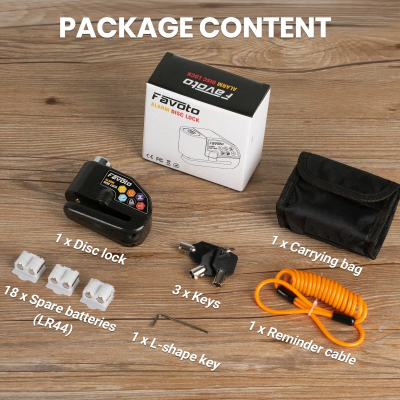 Favoto Alarm Disc Lock, 3 Keys and 18 Batteries (5-Year Availability), 110 dB Waterproof Anti-Theft Security Brake Padlock, 7mm Lock Pin with Reminder Cable, Fit for Motorcycle E-Bike Bicycle Scooter - Image 5