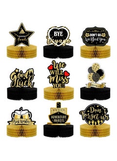 Marspark 9 Pcs Going Away Party Decorations Black Gold Farewell Party Table Honeycomb Centerpieces We Will Miss You Good Luck 3D Table Centerpieces For Retirement Party Graduation Party Table Decor Supplies  - Image 1