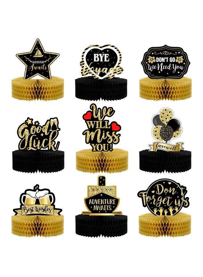 Marspark 9 Pcs Going Away Party Decorations Black Gold Farewell Party Table Honeycomb Centerpieces We Will Miss You Good Luck 3D Table Centerpieces For Retirement Party Graduation Party Table Decor Supplies - Image 1