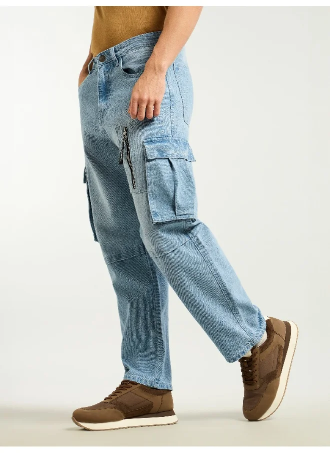 بيونغ Ice Blue Denim Zipper Pocket Cargo Pants