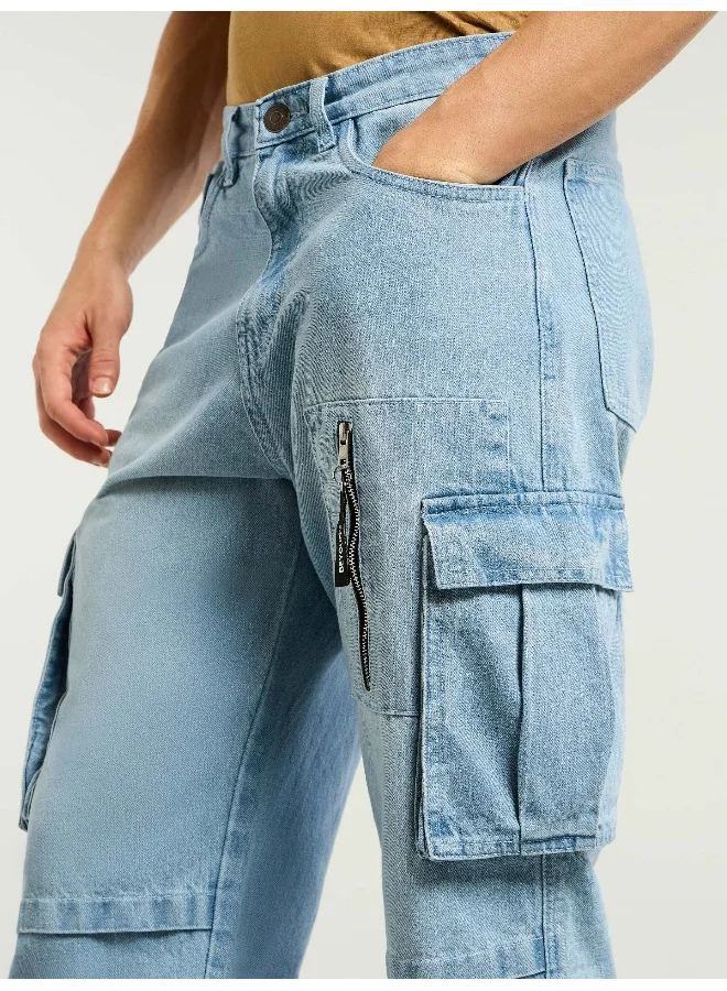 Beyoung Ice Blue Denim Zipper Pocket Cargo Pants