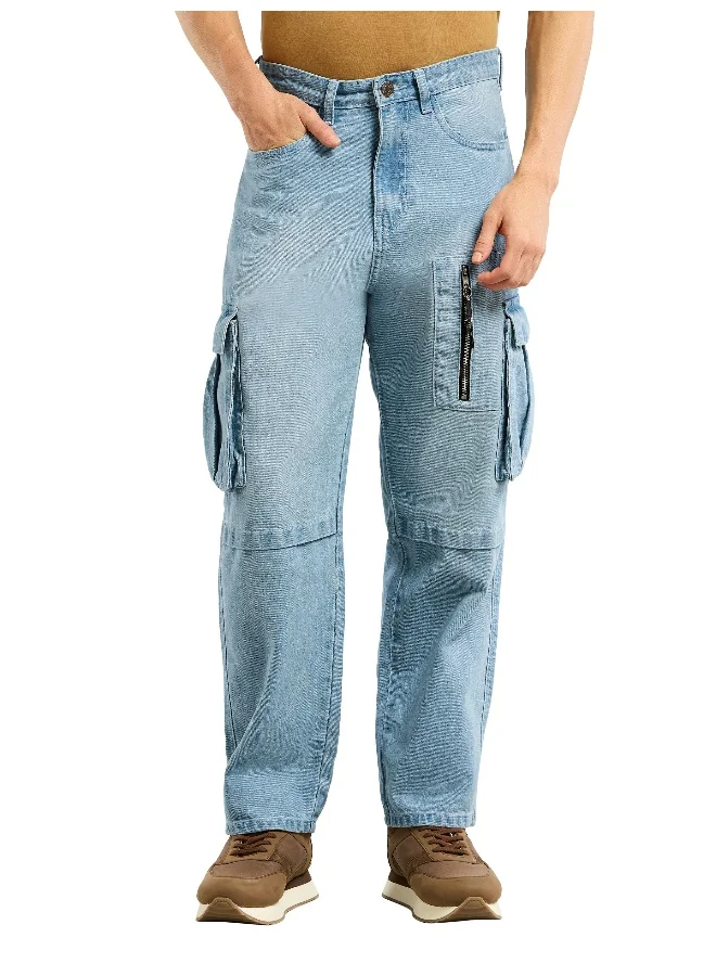 Beyoung Ice Blue Denim Zipper Pocket Cargo Pants