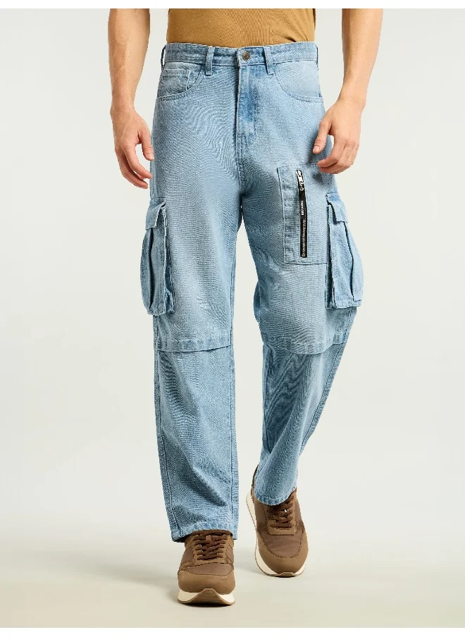 بيونغ Ice Blue Denim Zipper Pocket Cargo Pants