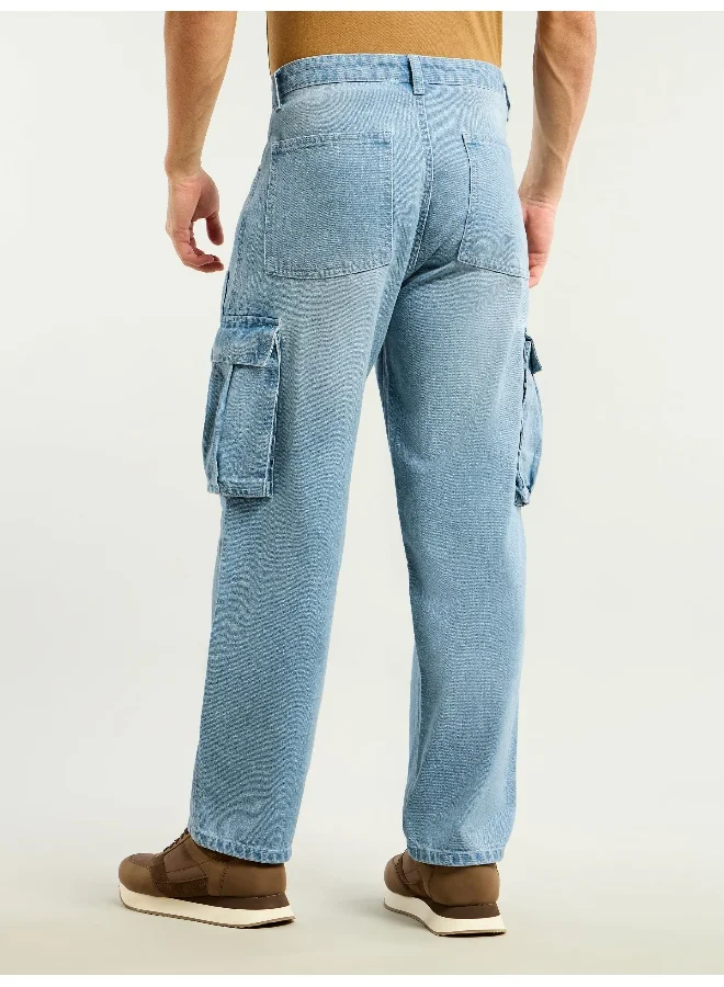 Beyoung Ice Blue Denim Zipper Pocket Cargo Pants