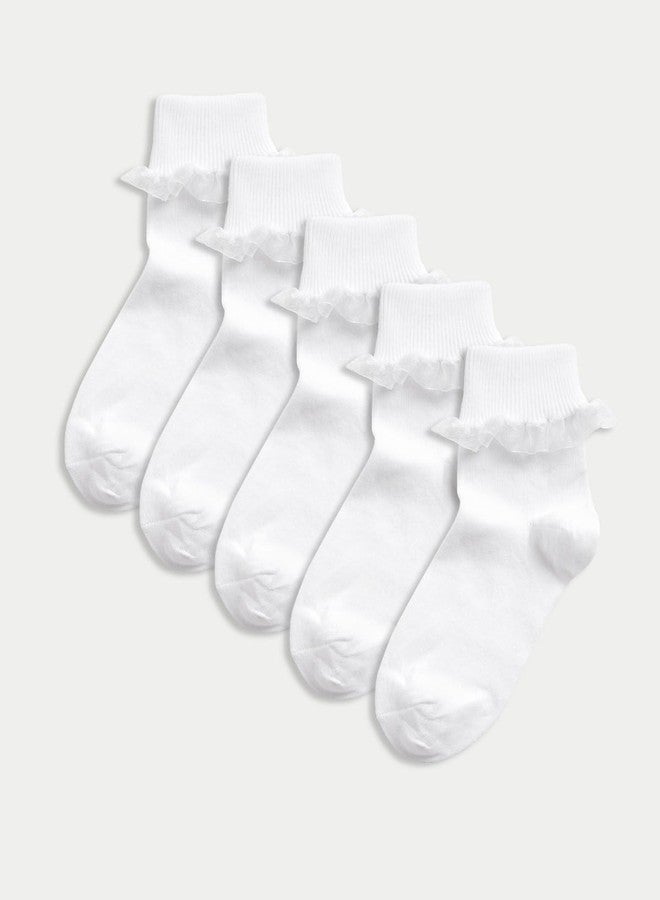 Marks & Spencer 5pk of Frill Ankle Socks T646873GWHITE (6-7 Years) - Image 2