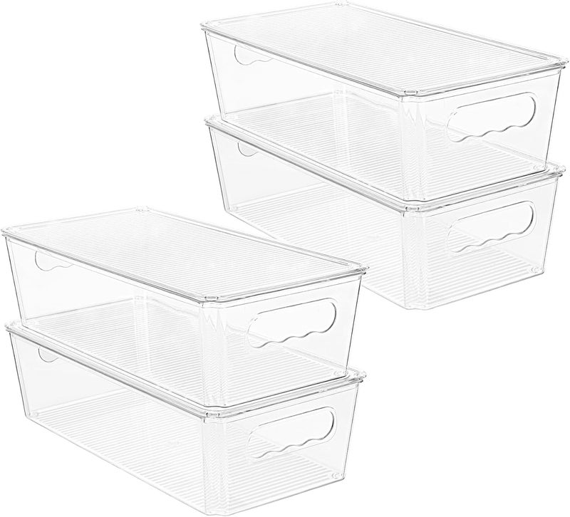 Vtopmart 4 PCS Clear Fridge Organizers and Storage Bins with Lids, Stackable Plastic Containers Boxes with Handles for Fridge, Freezer, Pantry, Cabinet, Kitchen Organization - Image 1