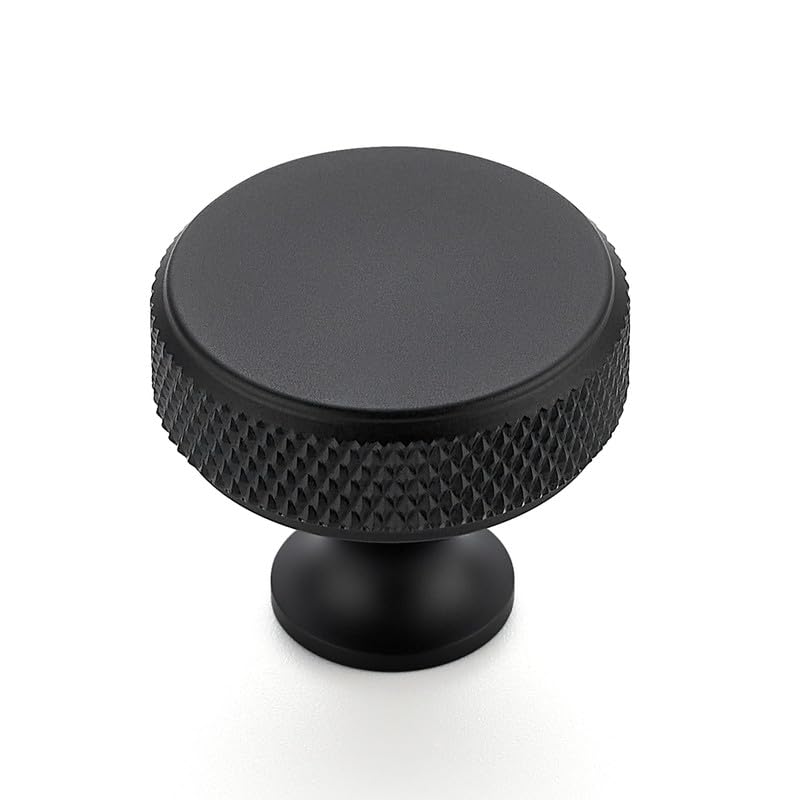 Ravinte 5 Pack Round Matte Black Knobs Knurled Single Hole Pulls Solid Black Kitchen Cabinet Hardware Handles for Drawers