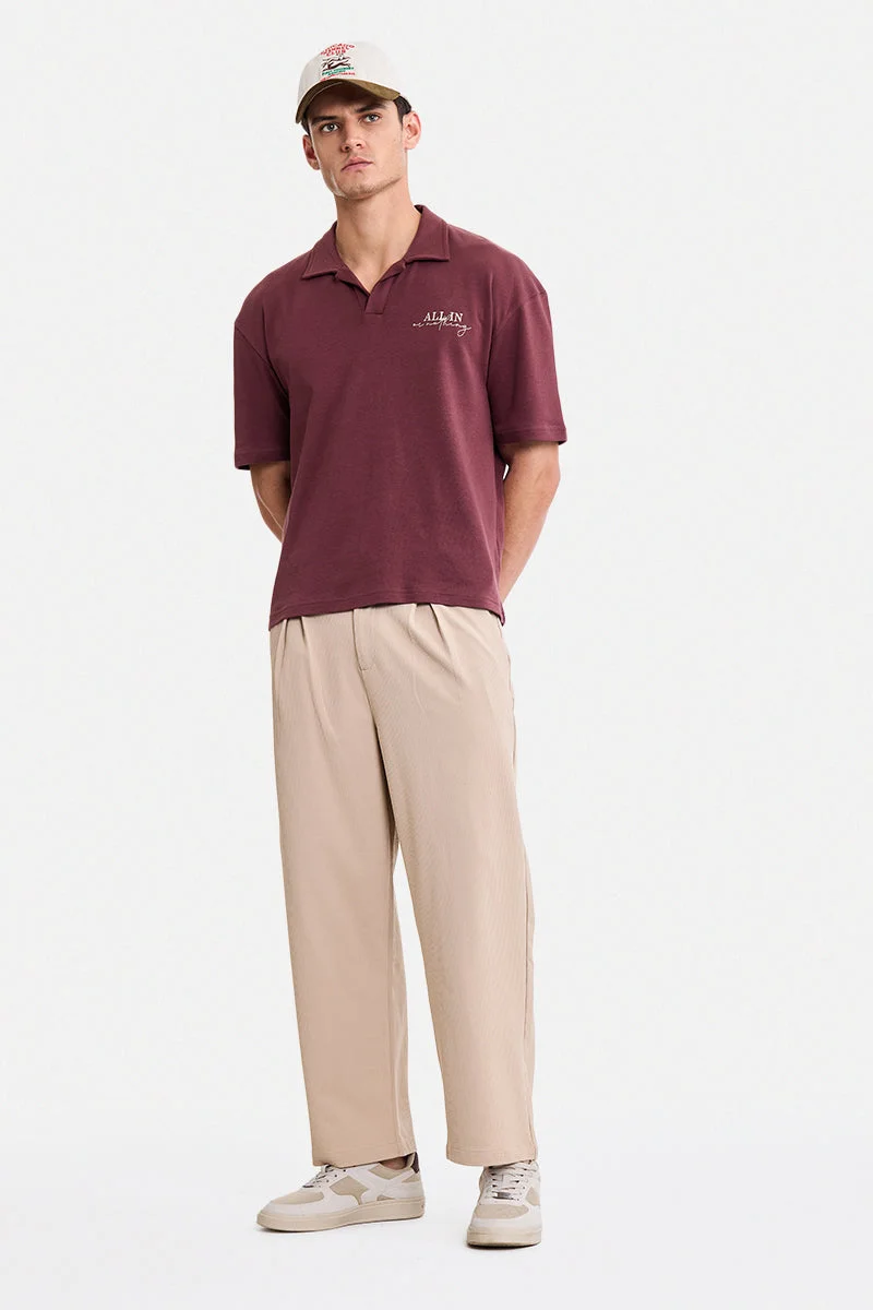 SNITCH Beige Ribbed Wide Leg Casual Trousers