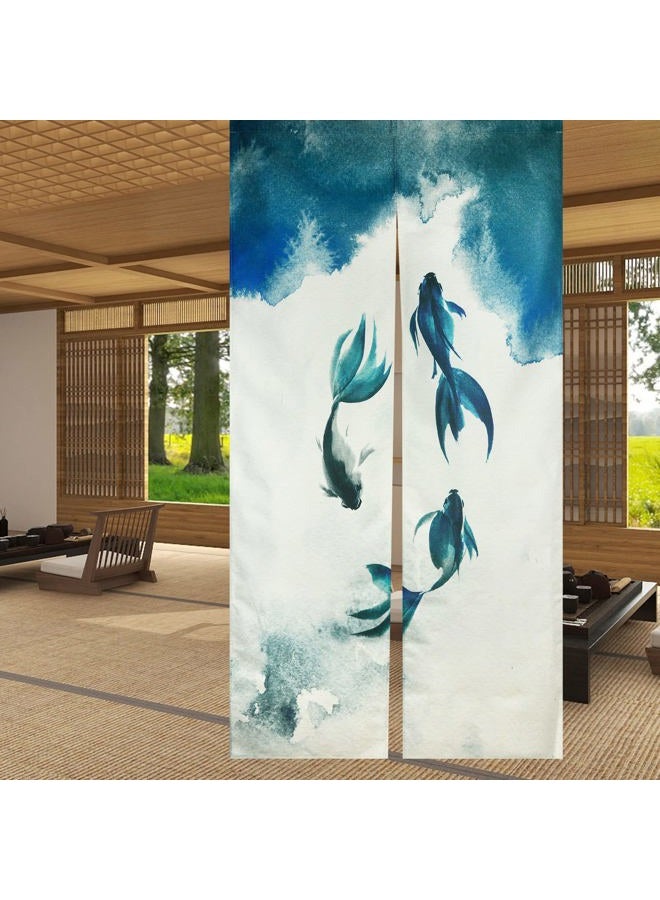 LIGICKY Chinese Ink Style Long Japanese Noren Doorway Curtain Linen Koi Fish Printed Asian Window Treatment Hanging Door Tapestry for Sushi Kitchen Home Decoration 33.5" Width x 70.9" Long - Image 1
