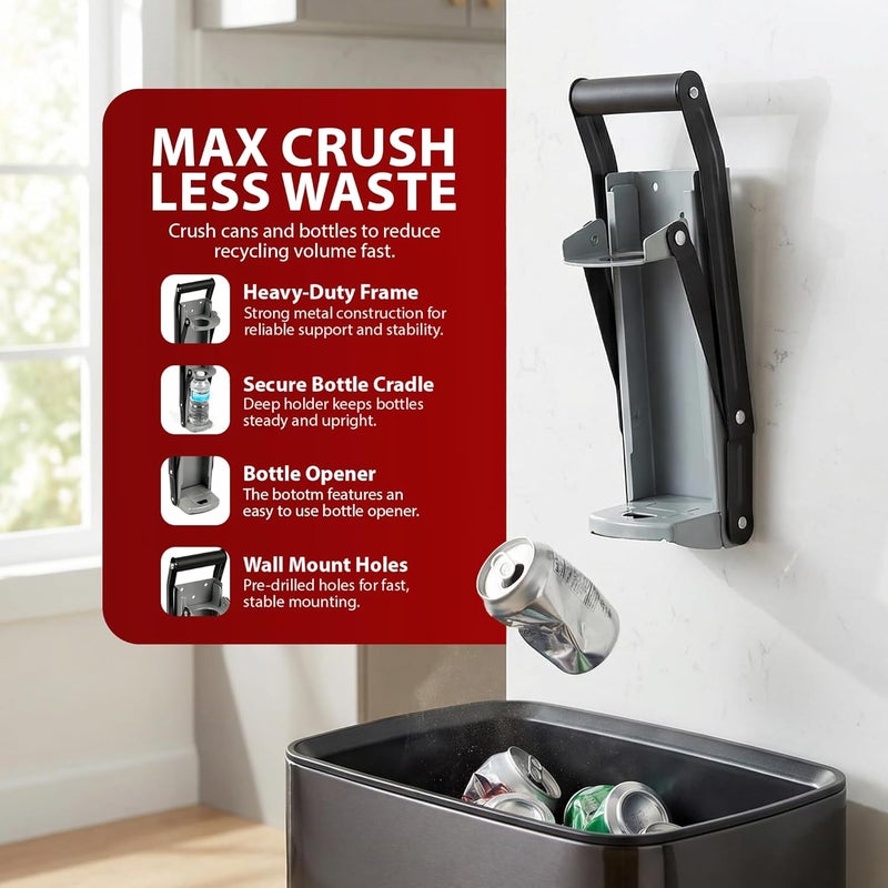 ZENO Can Crusher & Bottle Opener | 500ML Heavy Duty 16OZ 2 in 1 Crushes Soda Cans and Beer Cans | Large Beer Tin Can Crusher Wall Mounted Recycling Tool Bottle Opener | Plastic Bottle Crusher - Image 4