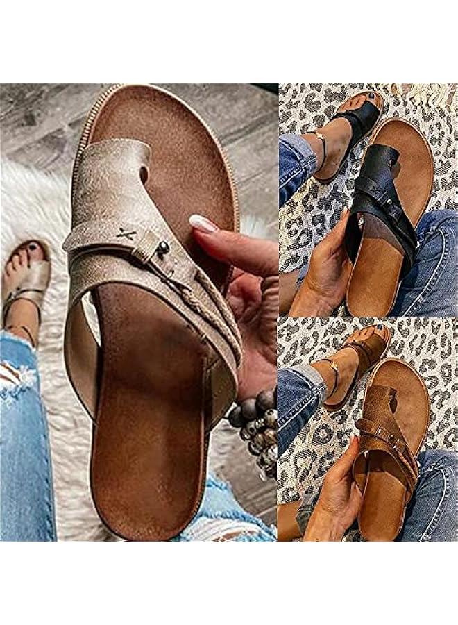 Women's Orthopedic Correction Leather Ring Toe Casual Bunion Slippers Summer Casual Beach Sandals Flat Heel Flip Flops - Image 2