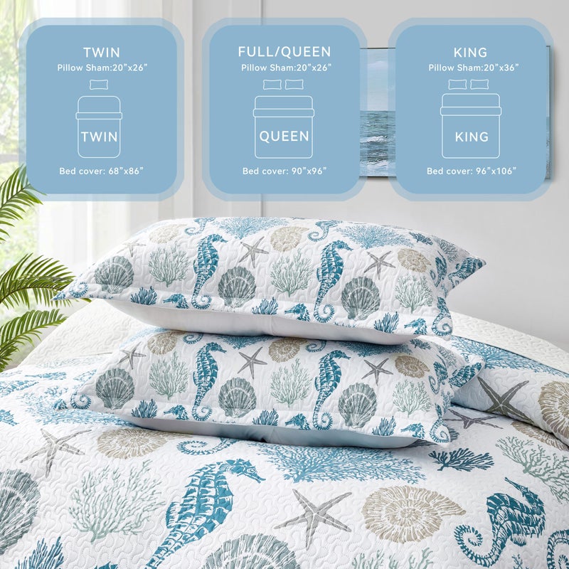 weesire Coastal Bedding Queen Size Coastal Quilt with 2 Shams, Nautical Beach Comforter Sets Ocean Bedspreads Blue Seahorse Coverlet Summer Bedding, 90''x96'' - Image 3