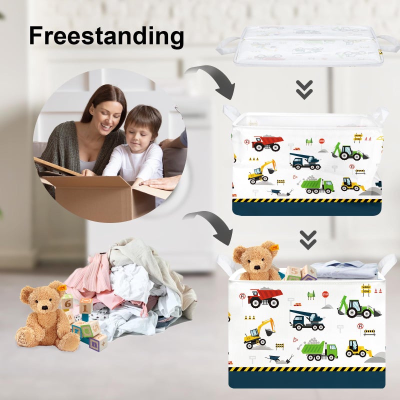 Clastyle Cartoon Construction Truck Shelf Basket Nursery Boy Room Car Decor Gift Basket Rectangle Bulldozer Excavator Basket Blue Clothes Books Toy Storage Cube - Image 3