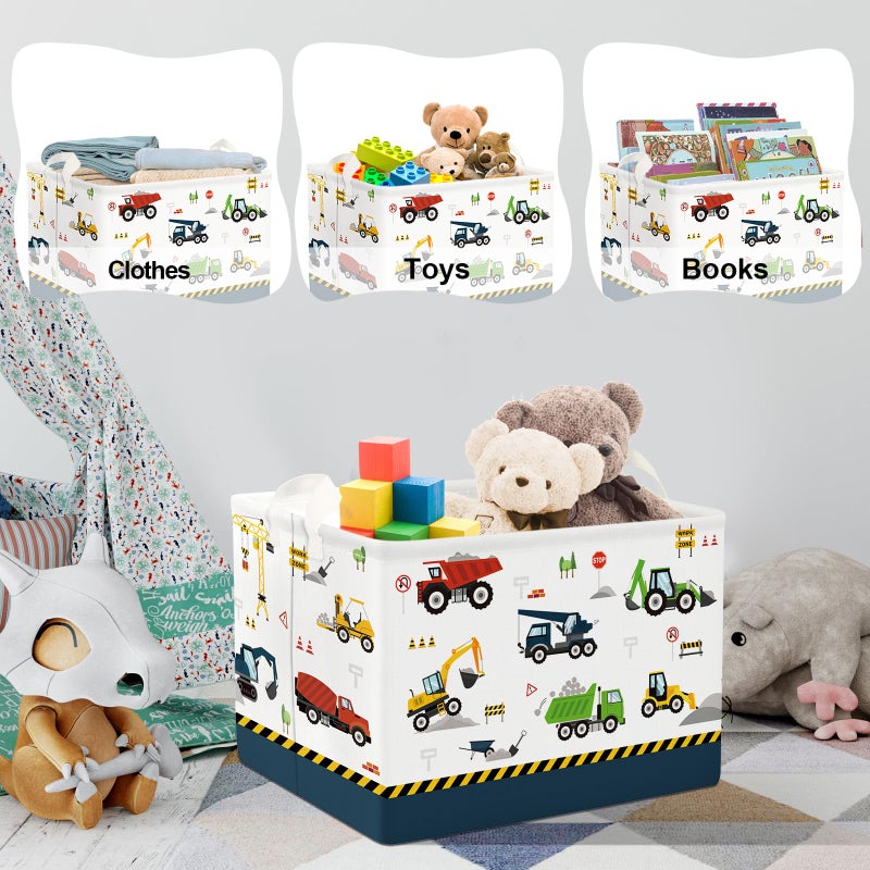 Clastyle Cartoon Construction Truck Shelf Basket Nursery Boy Room Car Decor Gift Basket Rectangle Bulldozer Excavator Basket Blue Clothes Books Toy Storage Cube - Image 5